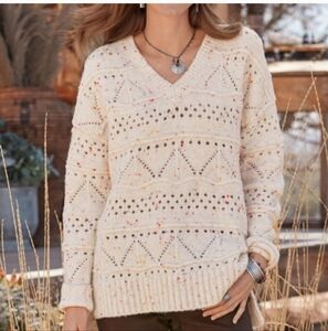 Sundance Catalog Minnie Oversized Multicolor Speckled Cream V-neck Sweat…